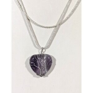 Amethyst Wire Wrapped Heart‎ Pendant Necklace Silver Tone Chain 18 Inch